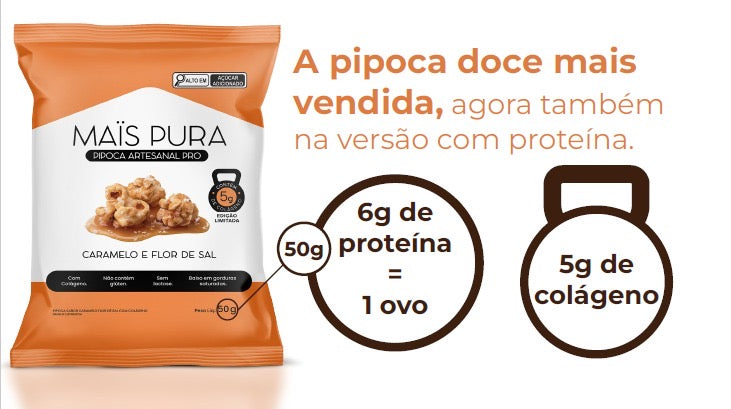 Pipoca Artesanal Pro Maïs Pura - Sabor Caramelo e Flor de Sal 50g